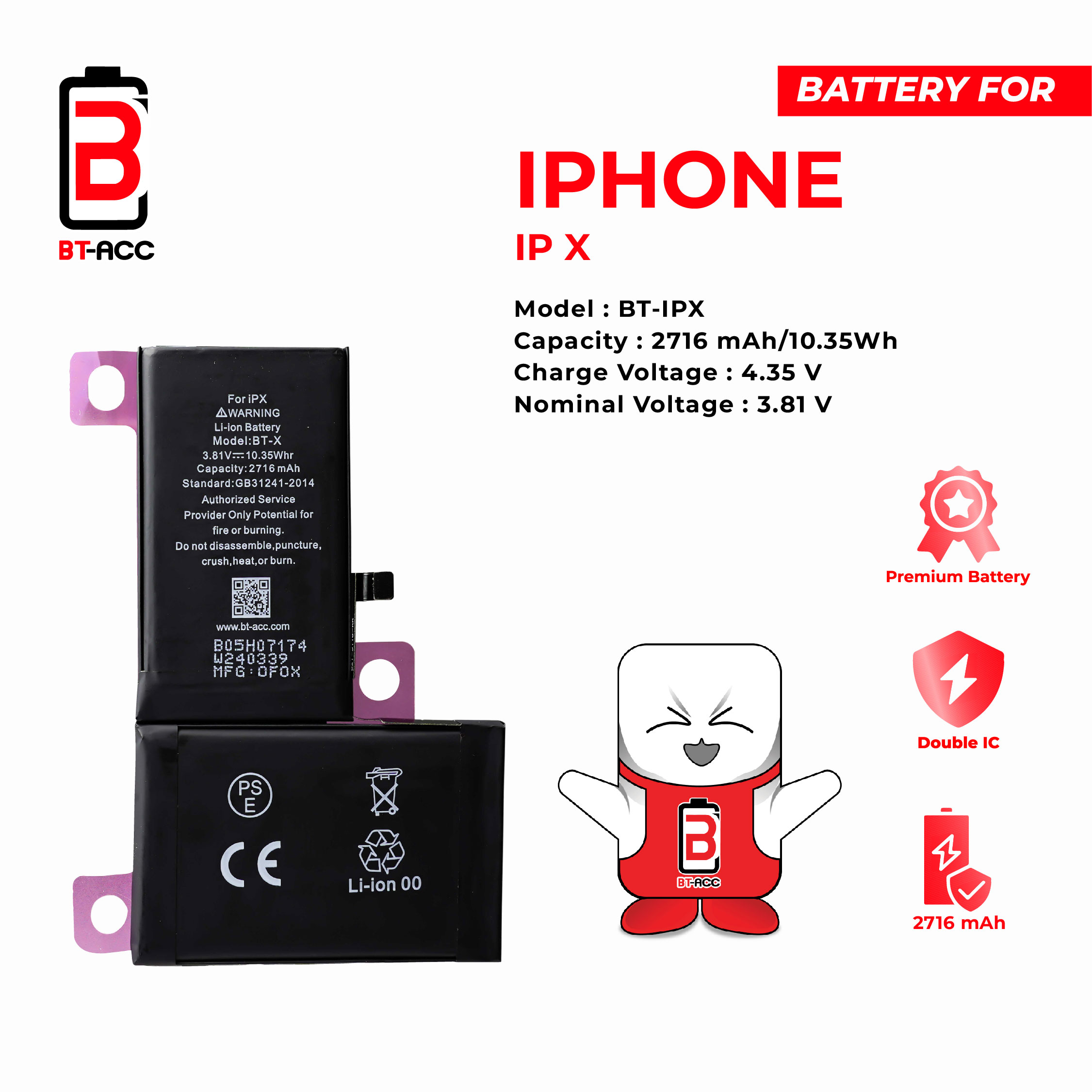 BT-ACC Baterai iPhone X (2716 mAh)