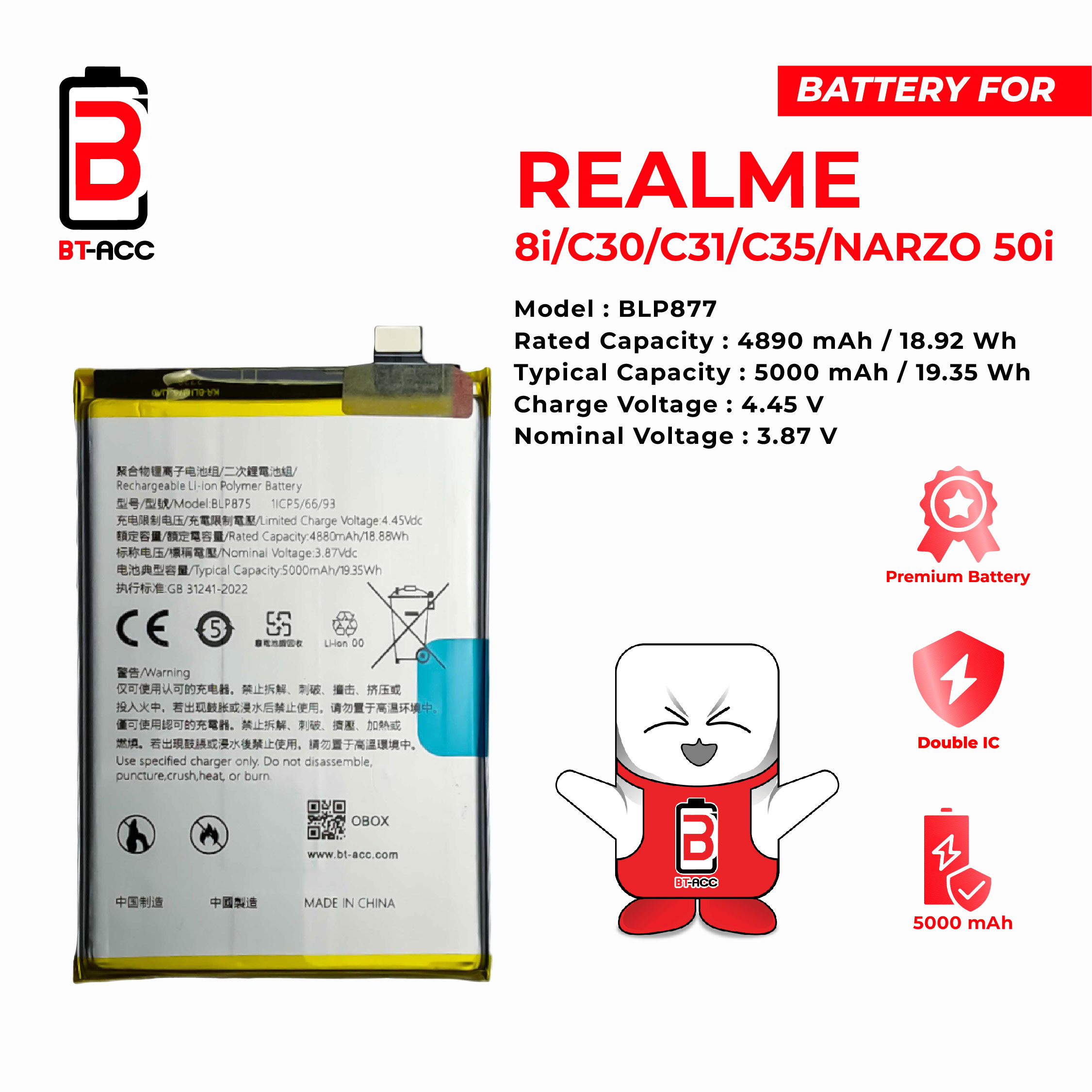 BT-ACC Baterai Realme 8i / C30 / C31 / C33 / C35 / Narzo 50I / BLP877