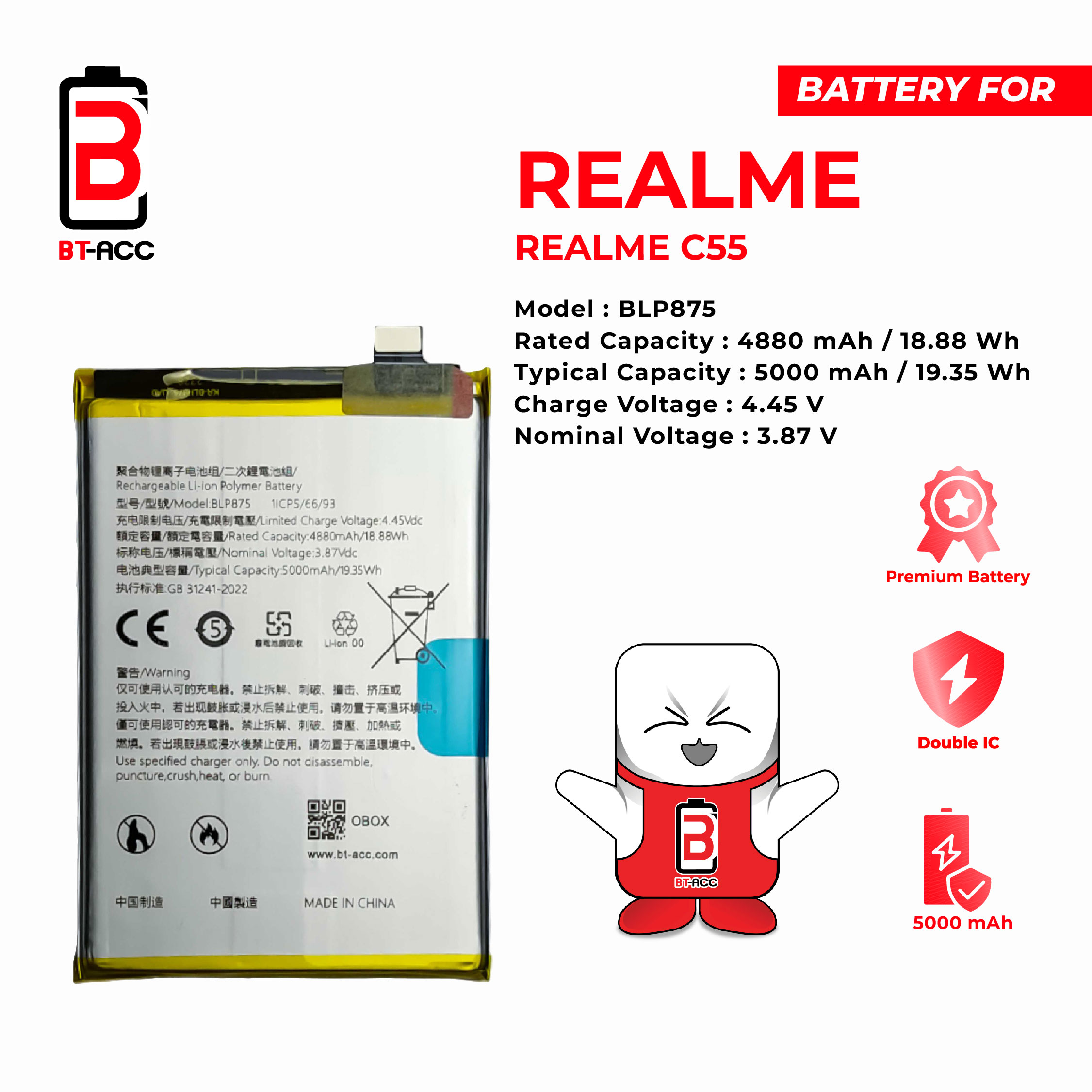 BT-ACC Baterai Realme C55 / BLP875
