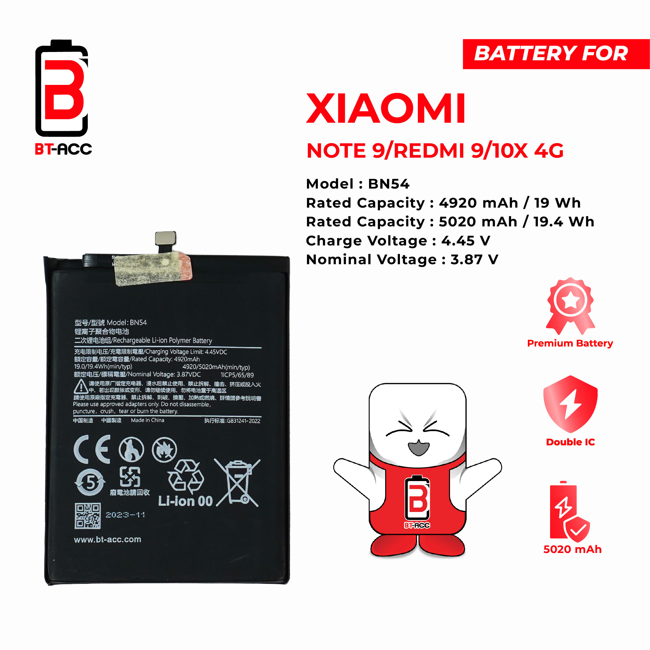 BT-ACC Baterai Xiaomi Redmi 9 / Note 9 / 10X 4G - BN54