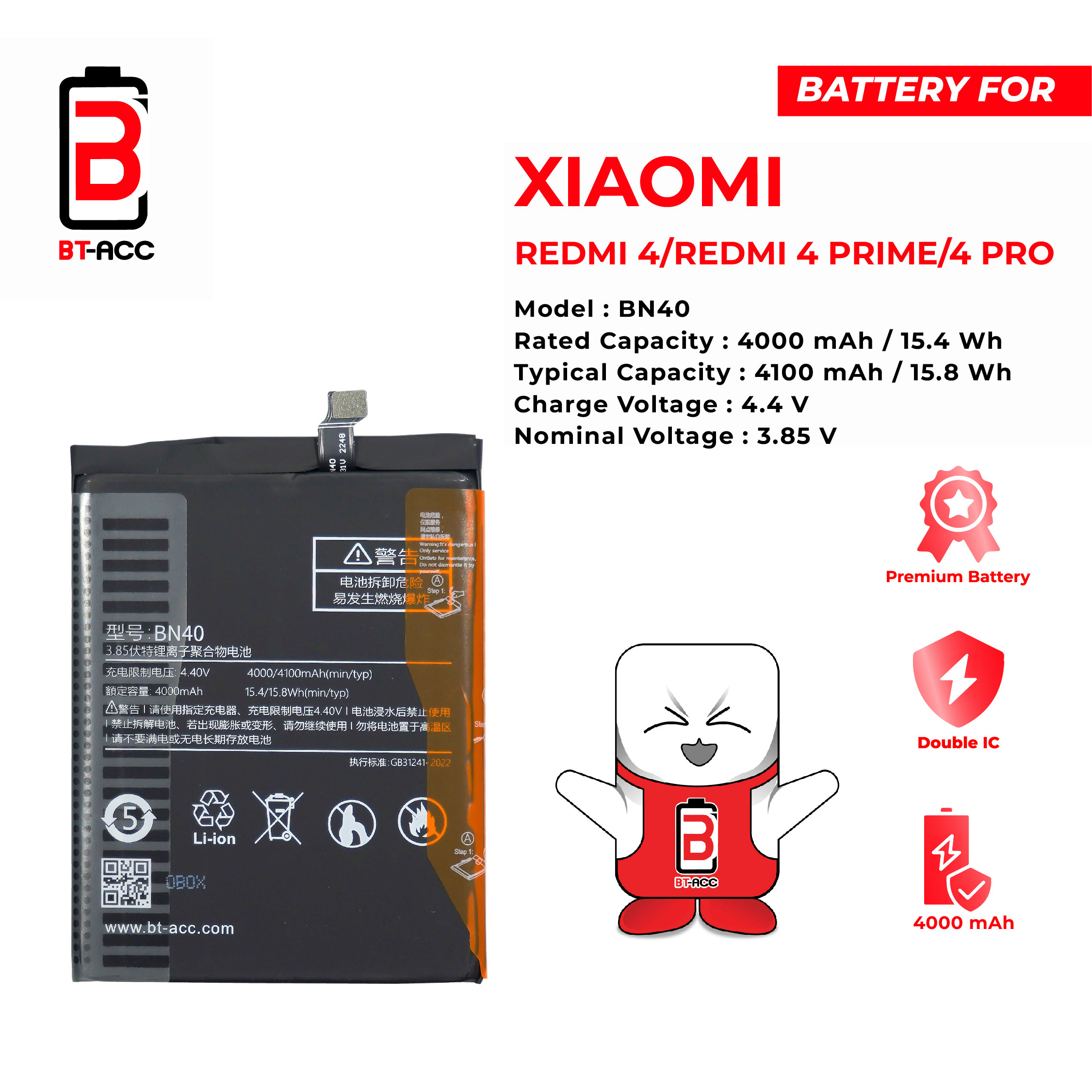 BT-ACC Baterai Xiaomi Redmi 4 Pro / Redmi 4 Prime - BN40