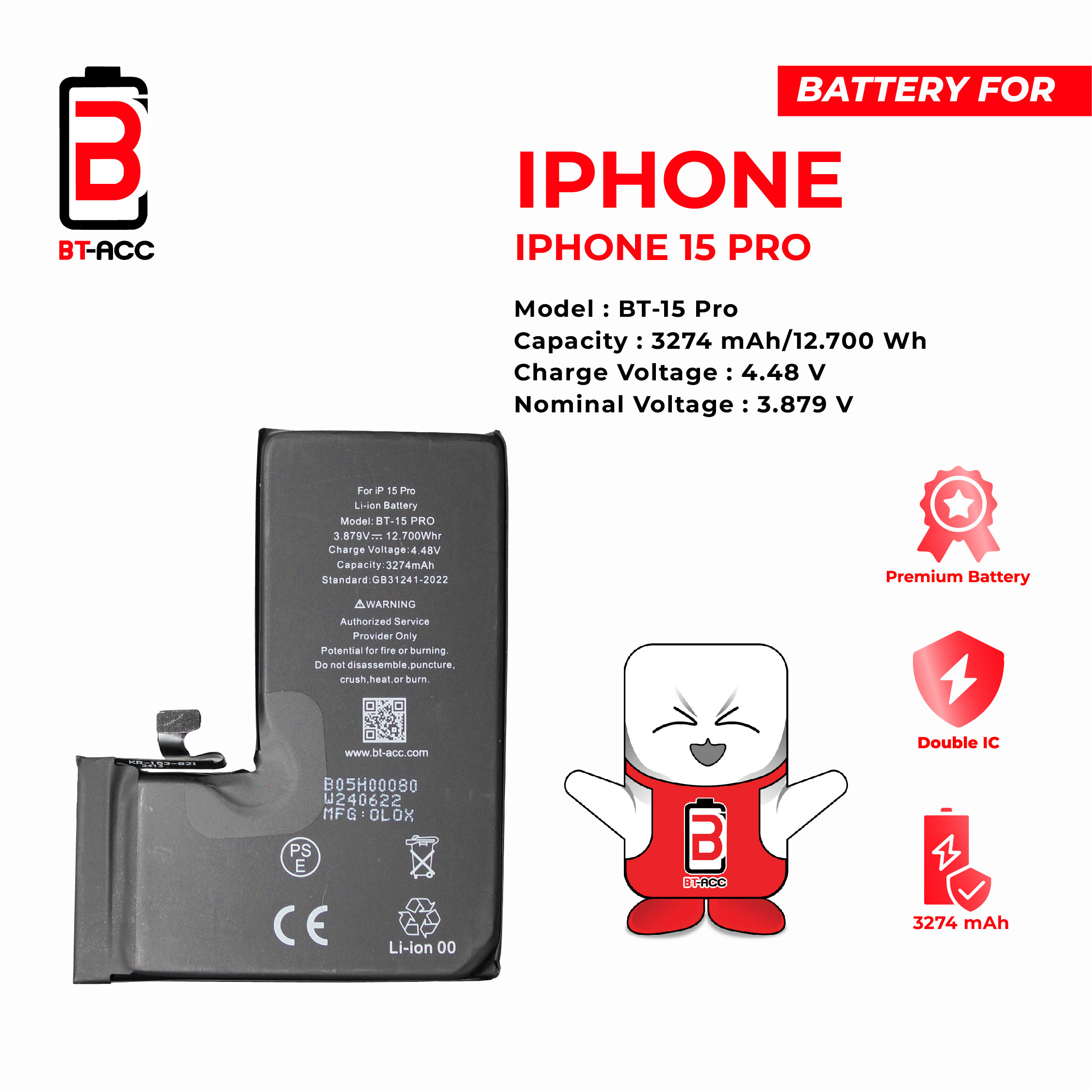 BT-ACC Baterai iPhone 15 Pro / A3121 (3274 mAh)