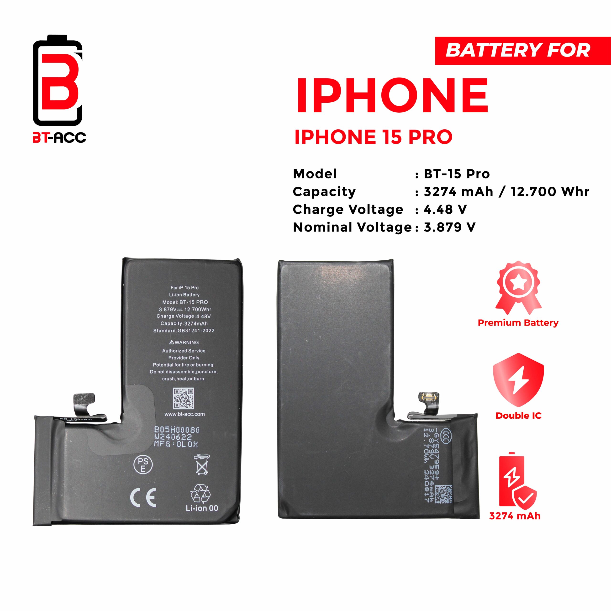 BT-ACC Baterai iPhone 15 Pro / A3121 (3274 mAh) - Image 2