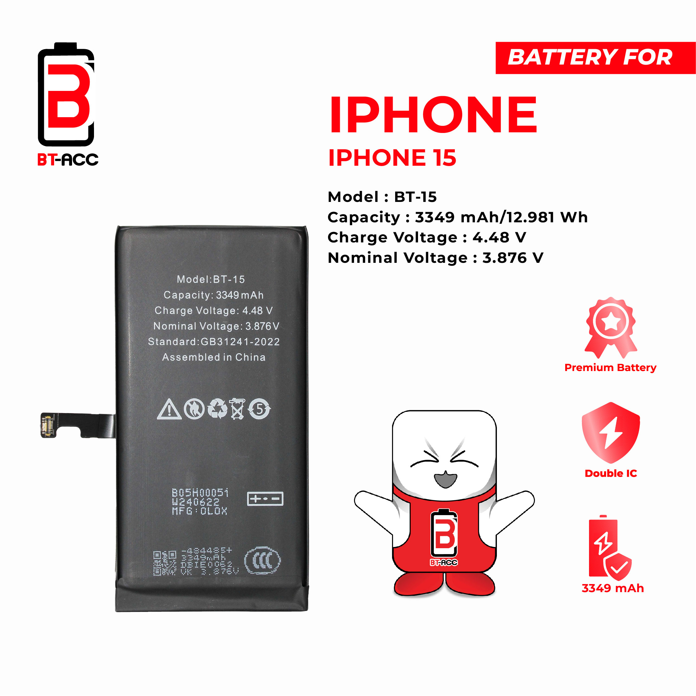 BT-ACC Baterai iPhone 15 (3349 mAh)