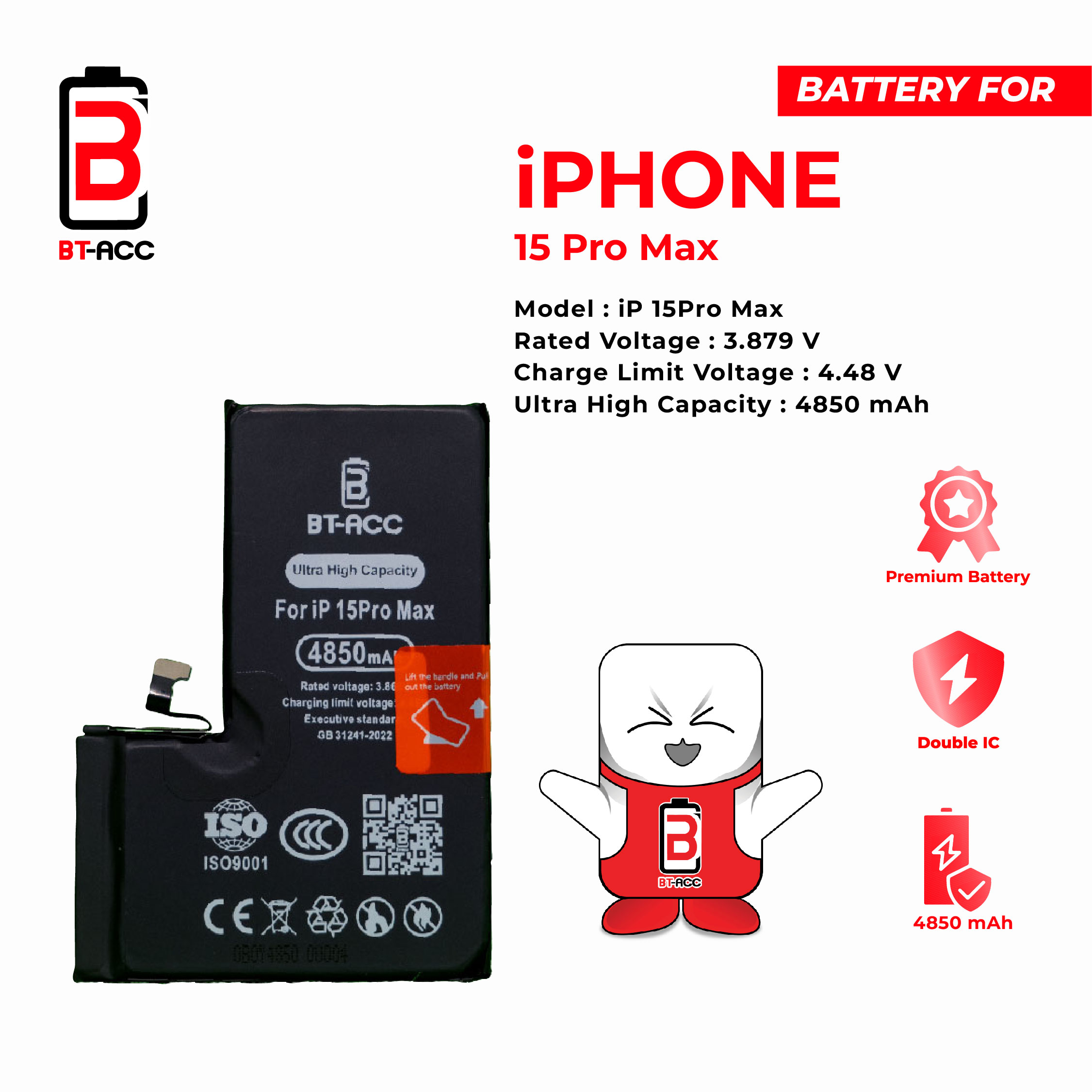 BT-ACC Baterai Ultra High Capacity For iPhone 15 Pro Max / A3121 (4850mAh)