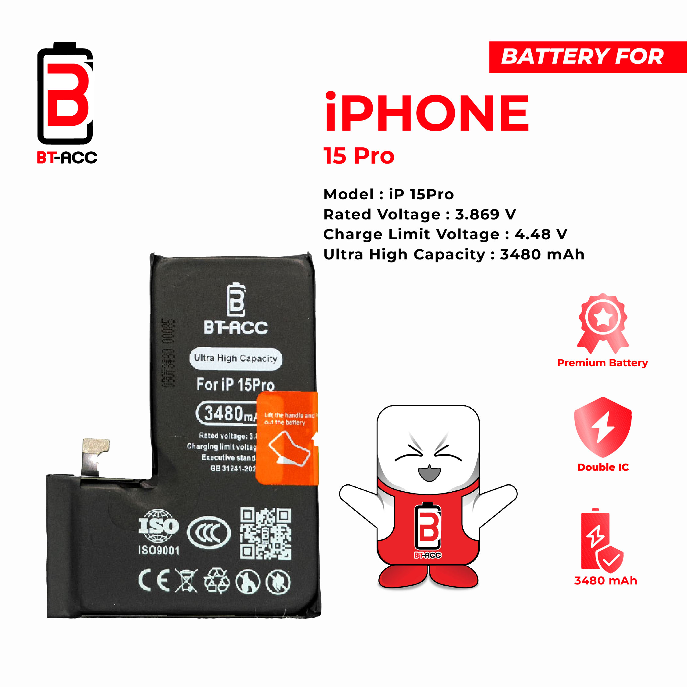 BT-ACC Baterai Ultra High Capacity For iPhone 15 Pro / A3018 (3640mAh)