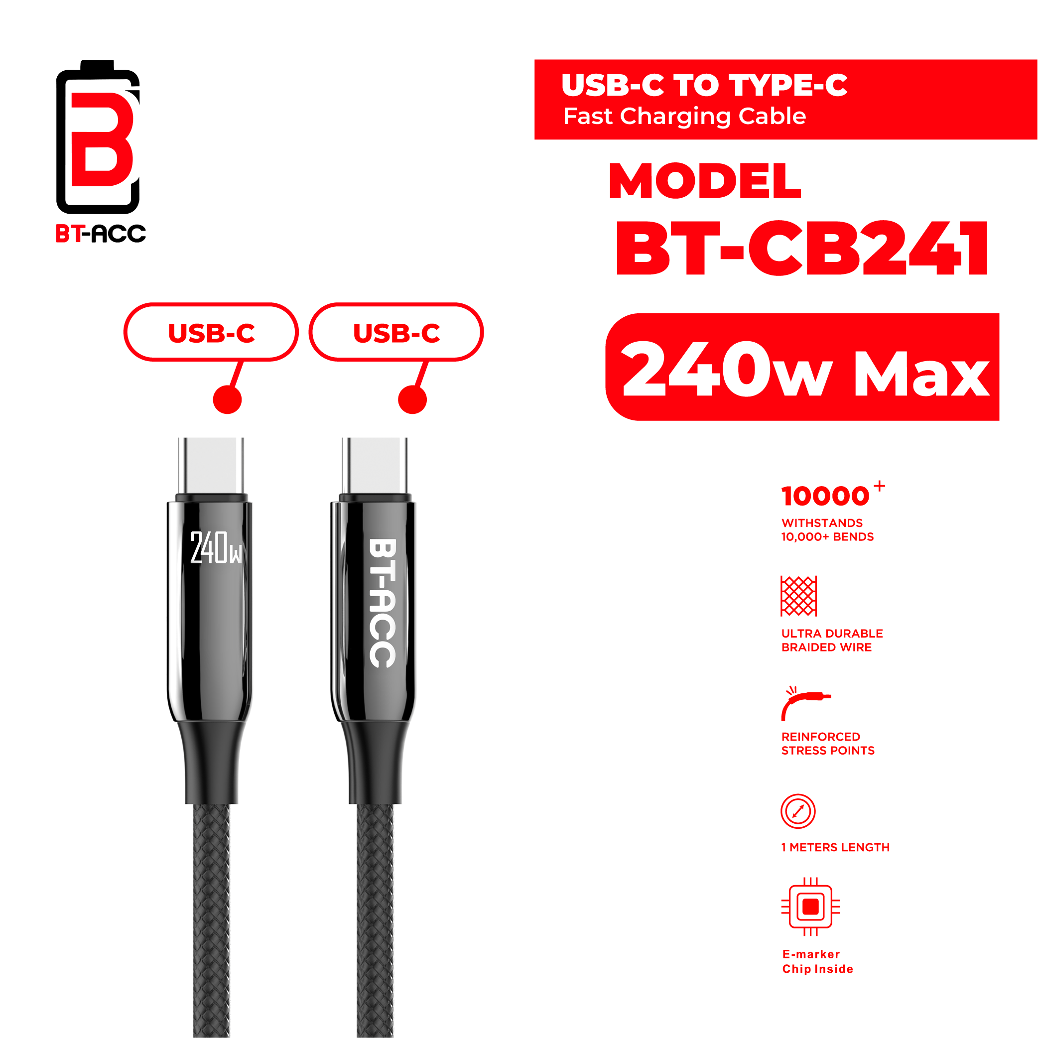 BT-ACC BT-CB241 Kabel Data Type-C to Type-C 240W Super Fast Charging 1m - Gambar 2