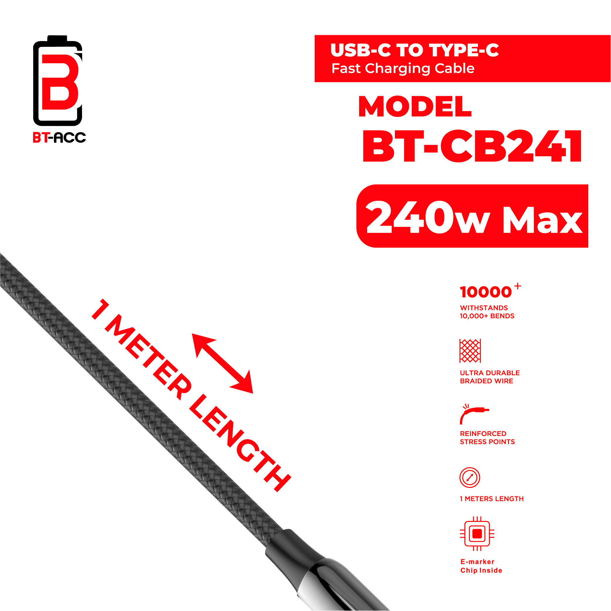 BT-ACC BT-CB241 Kabel Data Type-C to Type-C 240W Super Fast Charging 1m - Gambar 3