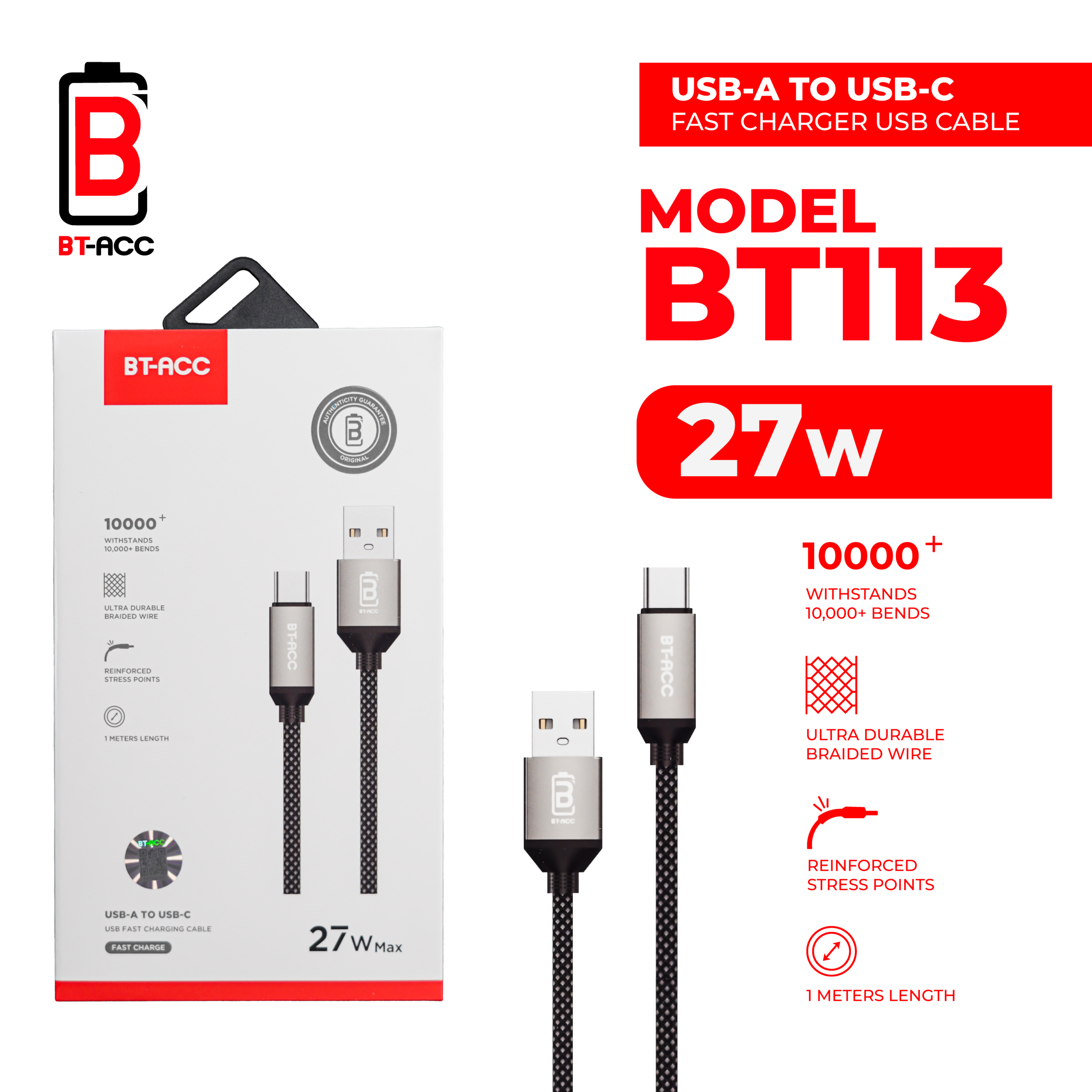 BT-ACC BT113 Kabel Data 27W For USB A To Type C