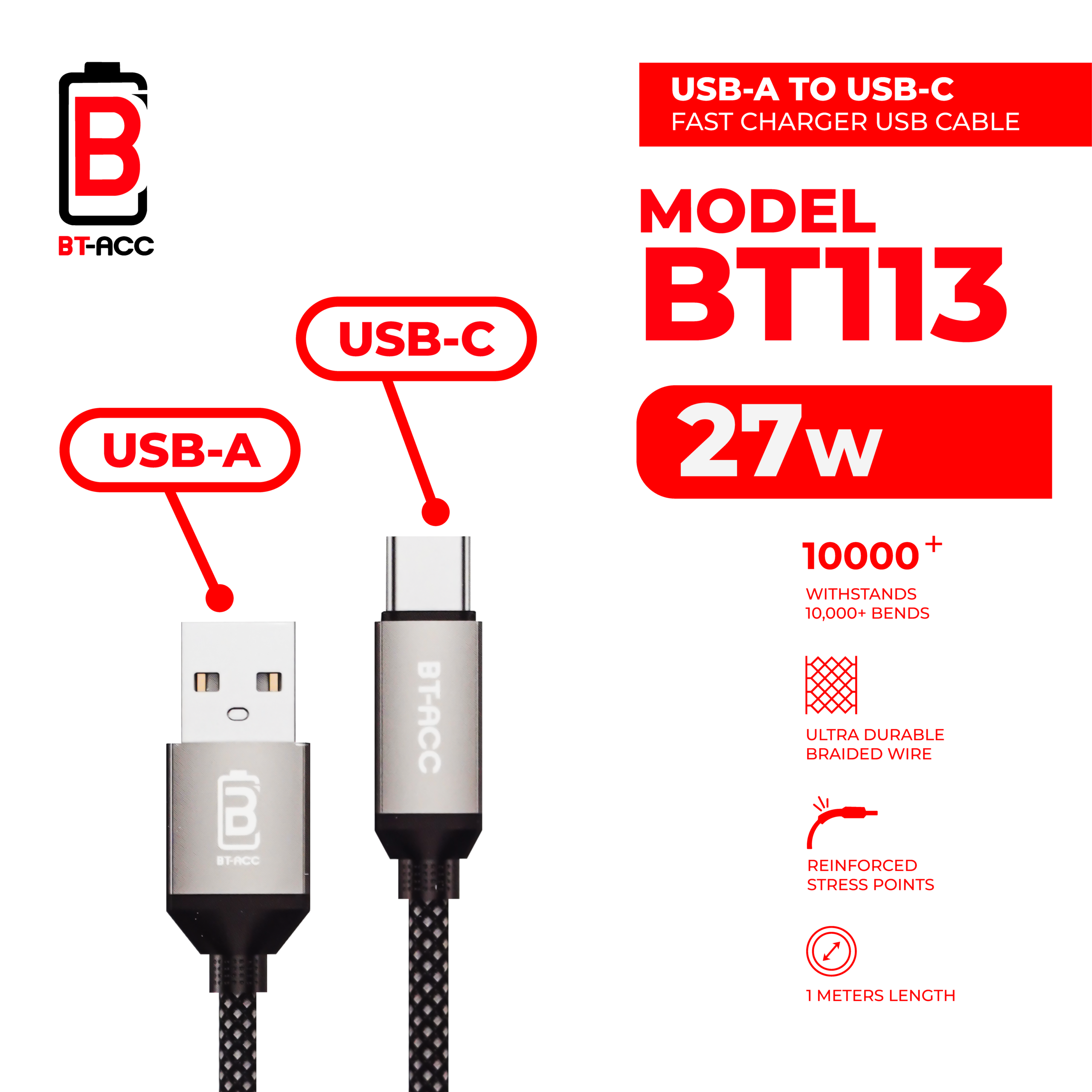 BT-ACC BT113 Kabel Data 27W For USB A To Type C - Gambar 2