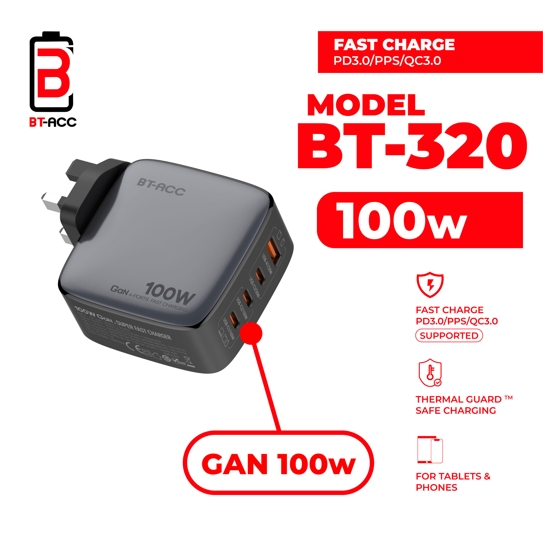 BT-ACC BT-320 Adaptor Charger 100W Multi Port GaN For USB-A + 3 USB-C - Gambar 2