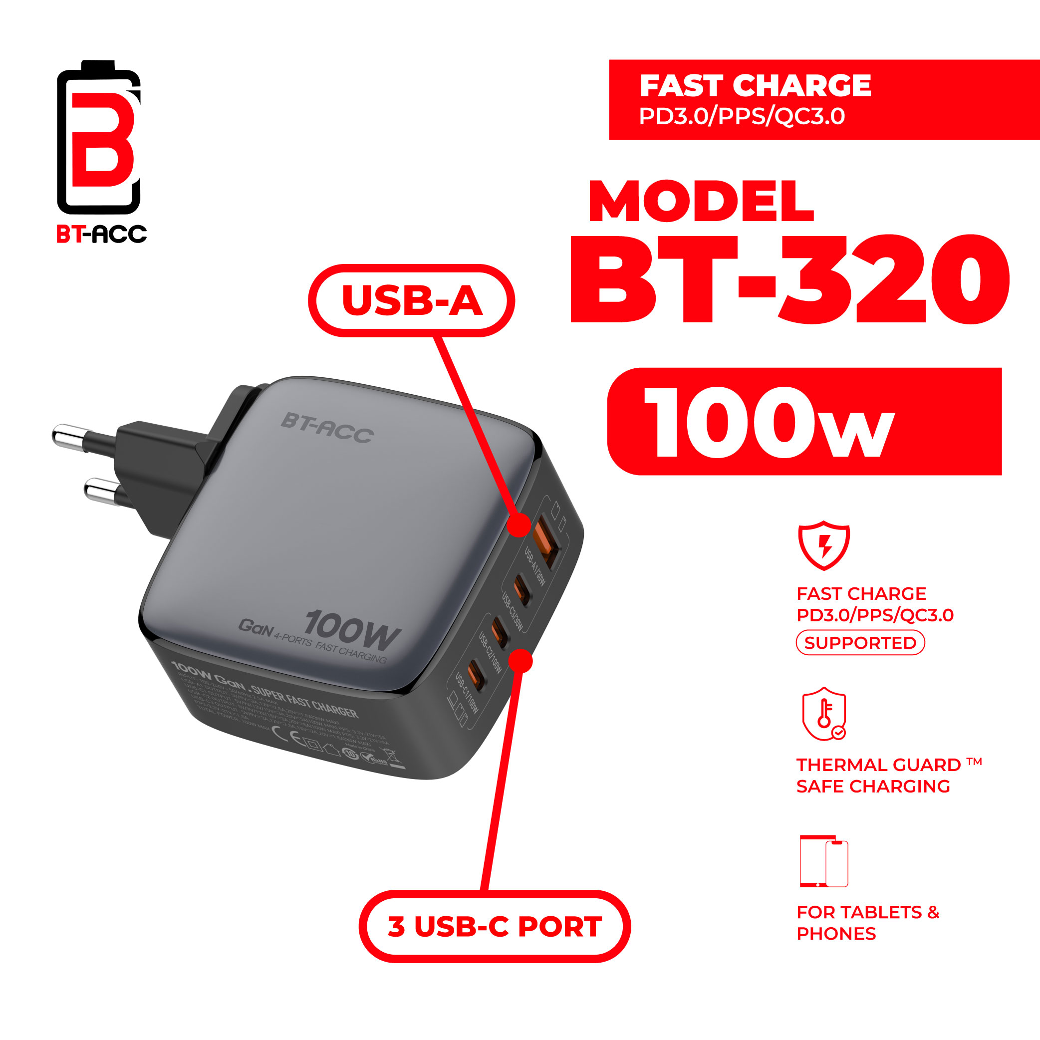 BT-ACC BT-320 Adaptor Charger 100W Multi Port GaN For USB-A + 3 USB-C - Gambar 3