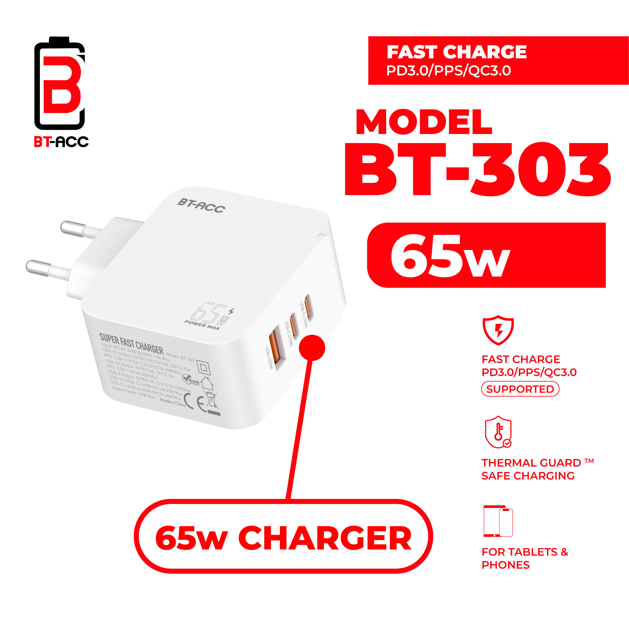 BT-ACC BT-303 Adaptor Charger 65W For USB-A + 2 USB-C - Gambar 2