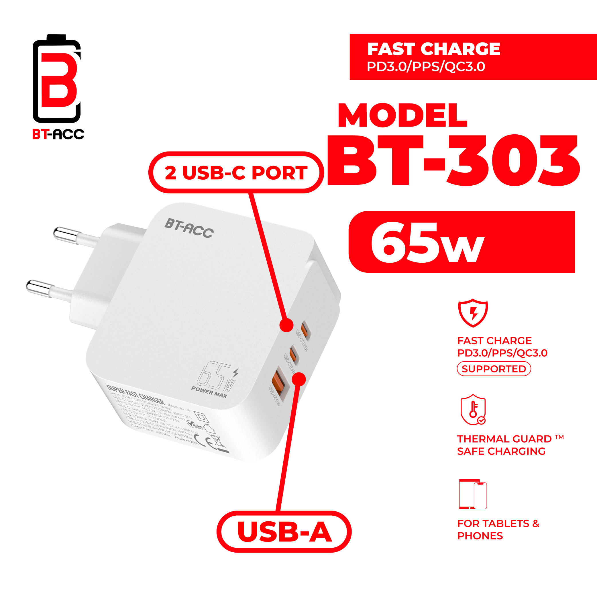 BT-ACC BT-303 Adaptor Charger 65W For USB-A + 2 USB-C - Gambar 3