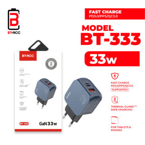 BT-ACC BT-333 Adaptor Charger 33W Multi Port GaN For USB-A + USB-C + Lightning