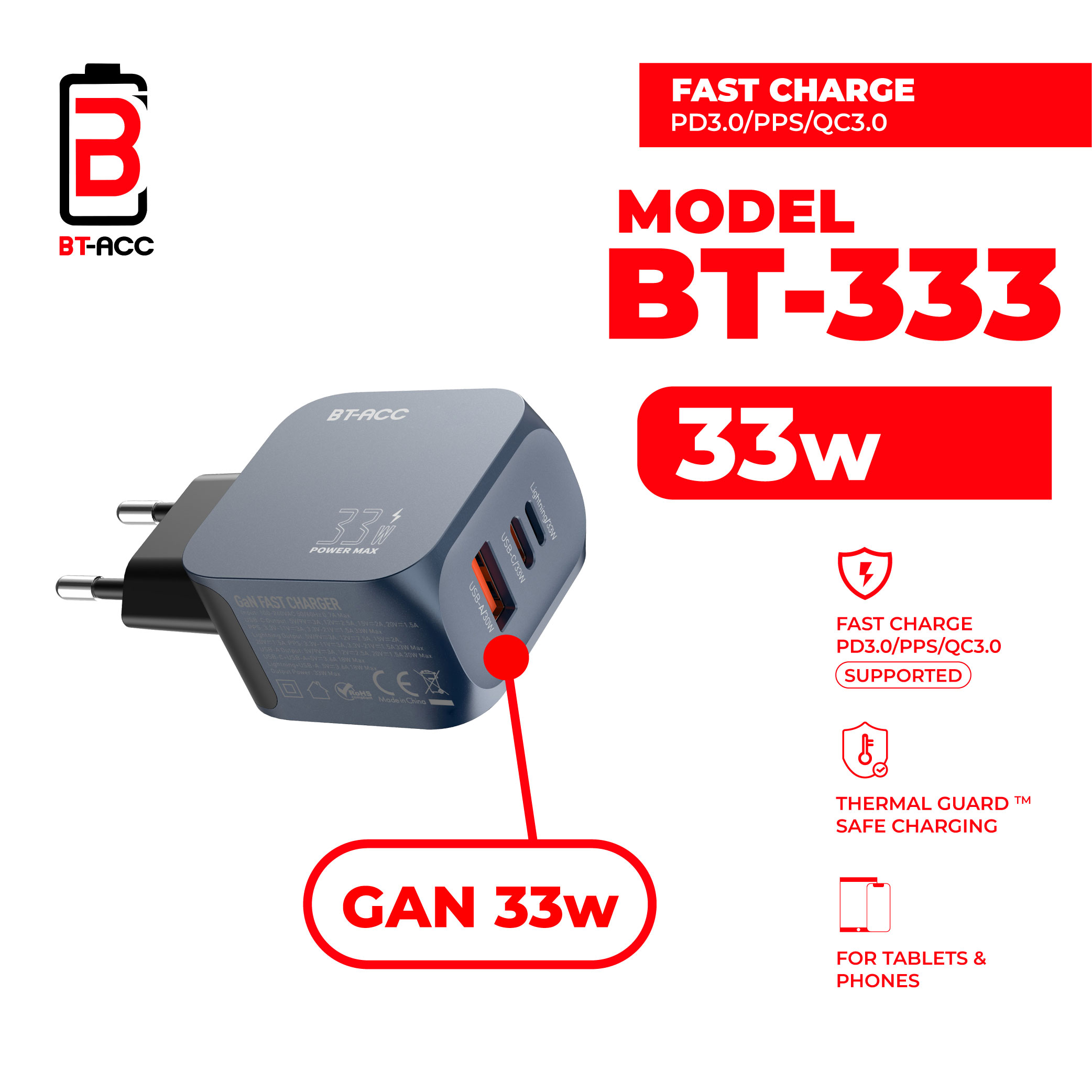 BT-ACC BT-333 Adaptor Charger 33W Multi Port GaN For USB-A + USB-C + Lightning - Gambar 3