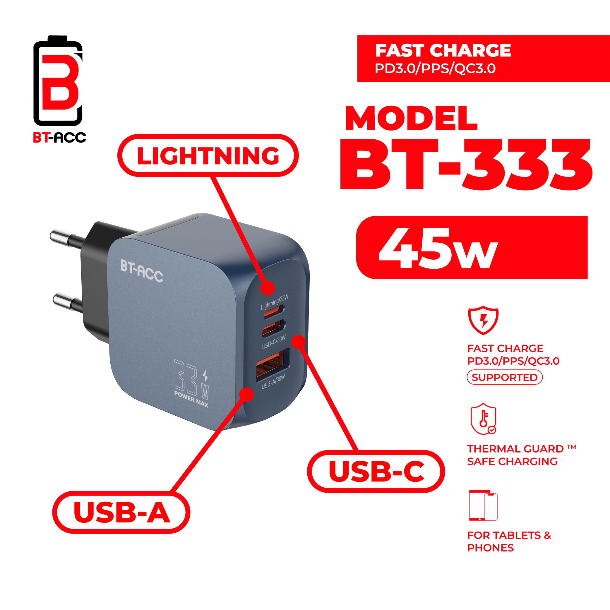 BT-ACC BT-333 Adaptor Charger 33W Multi Port GaN For USB-A + USB-C + Lightning - Gambar 2