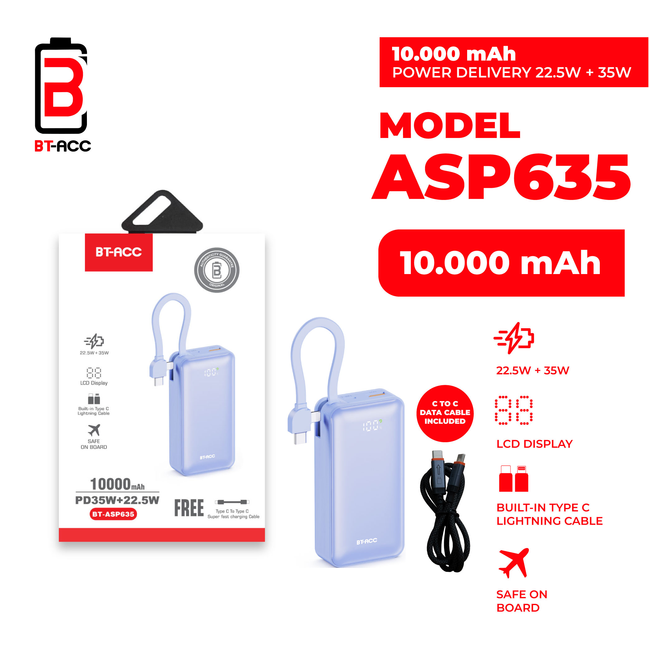 BT-ACC BT-ASP635 Power Bank 10000mAh 35W Fast Charging