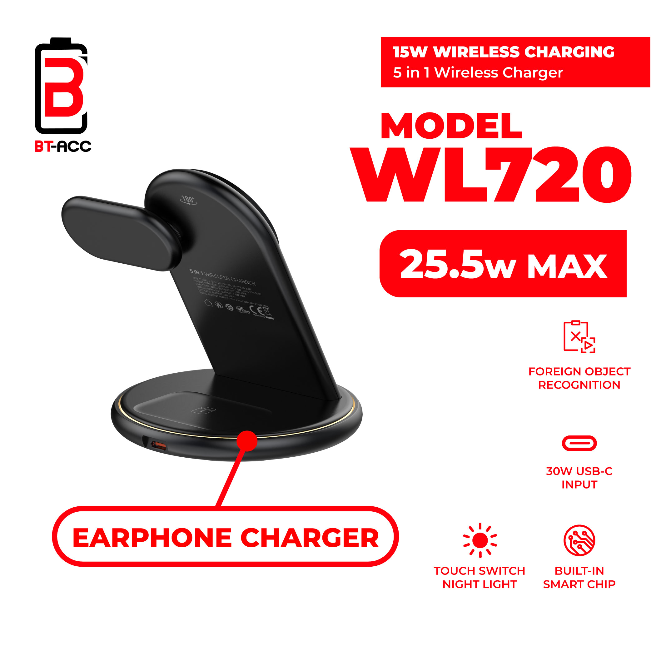 BT-ACC BT-WL720 Wireless Charger 25.5W 5 IN 1 - Black - Gambar 2