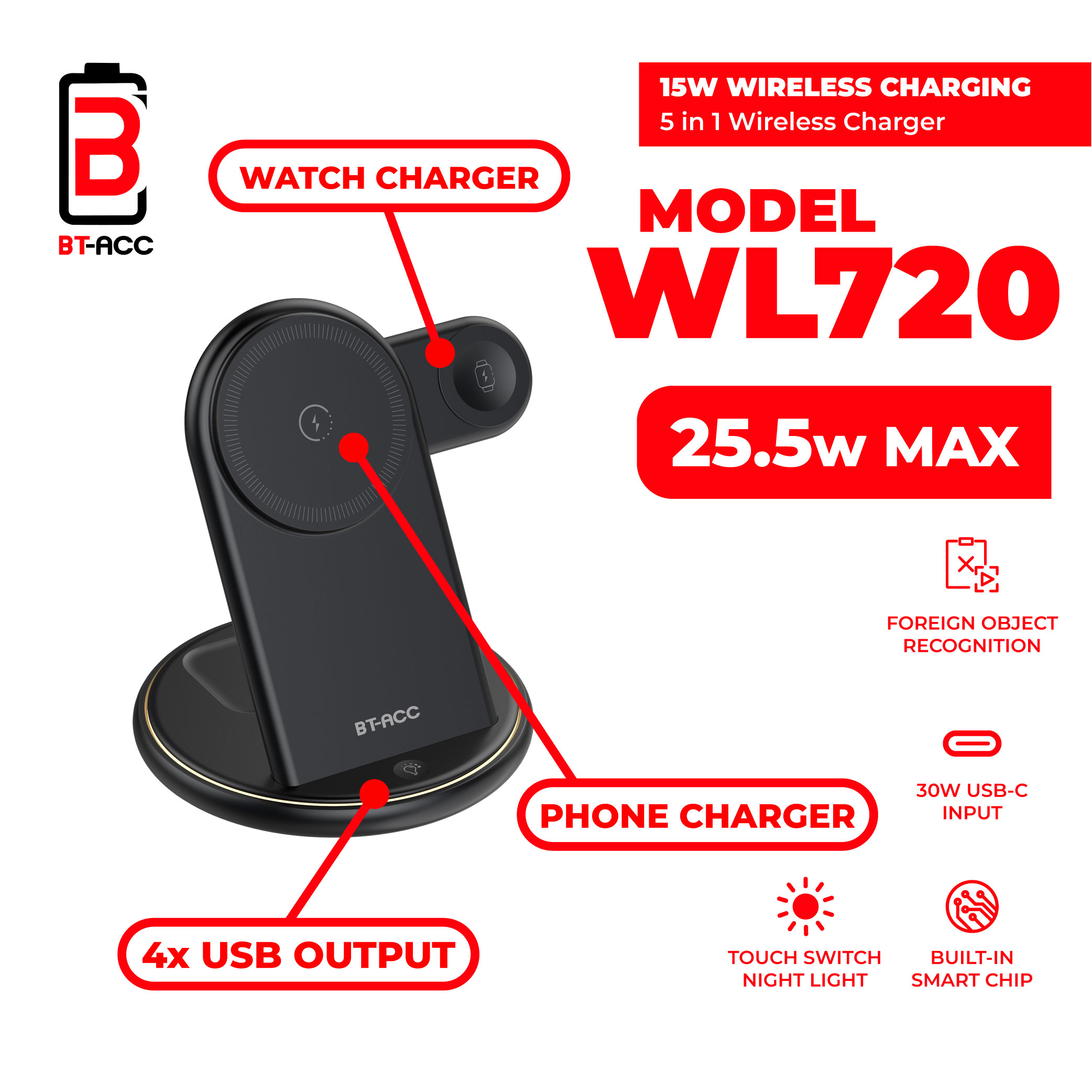 BT-ACC BT-WL720 Wireless Charger 25.5W 5 IN 1 - Black - Gambar 3