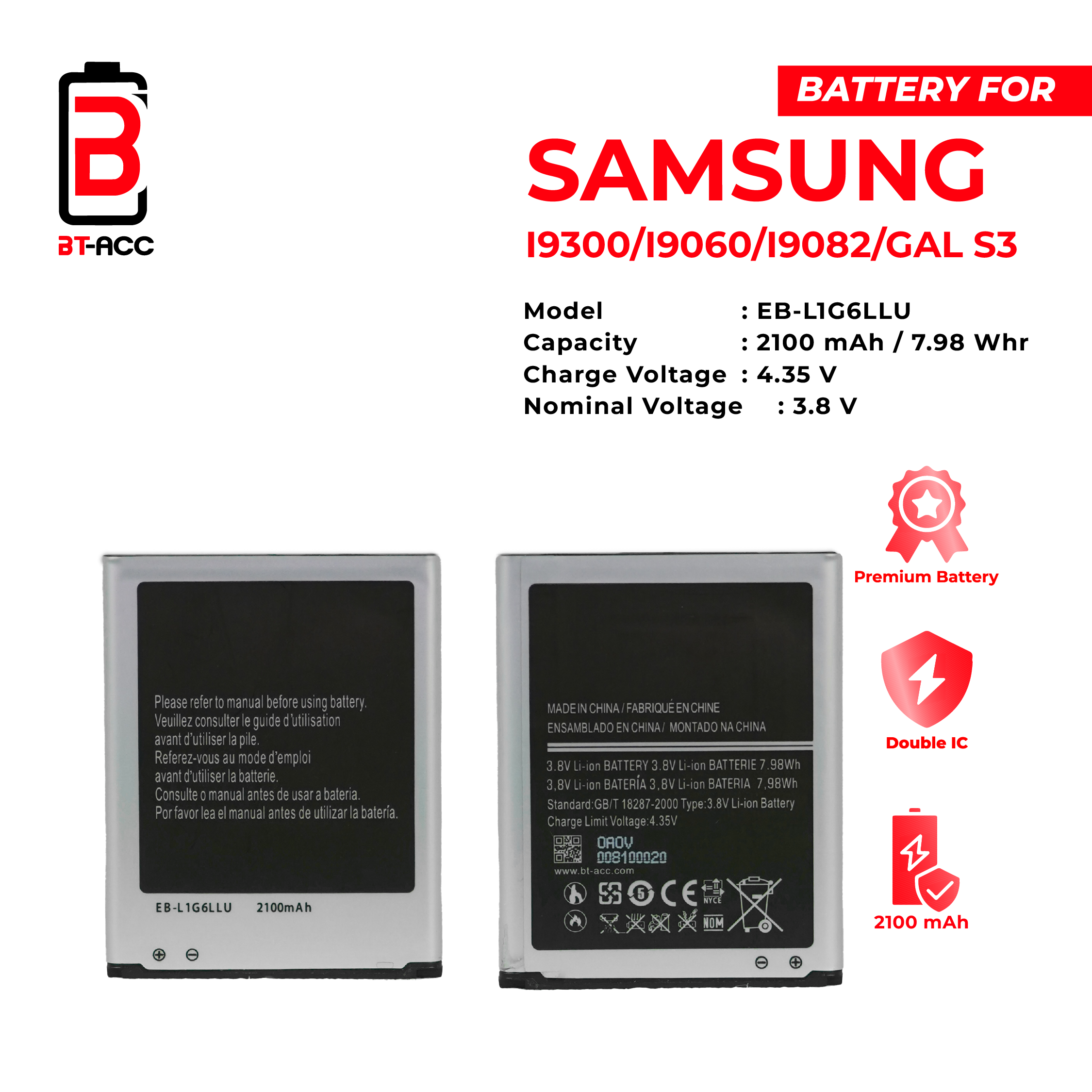 BT-ACC Baterai Samsung I9300 / I9060 / I9082 / Galaxy S3 / EB-L1G6LLU - Image 2